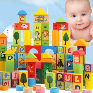 Bộ đồ chơi xếp hình khối bằng gỗ 100PCS chi tiết hình chữ, số và các con vật thumb