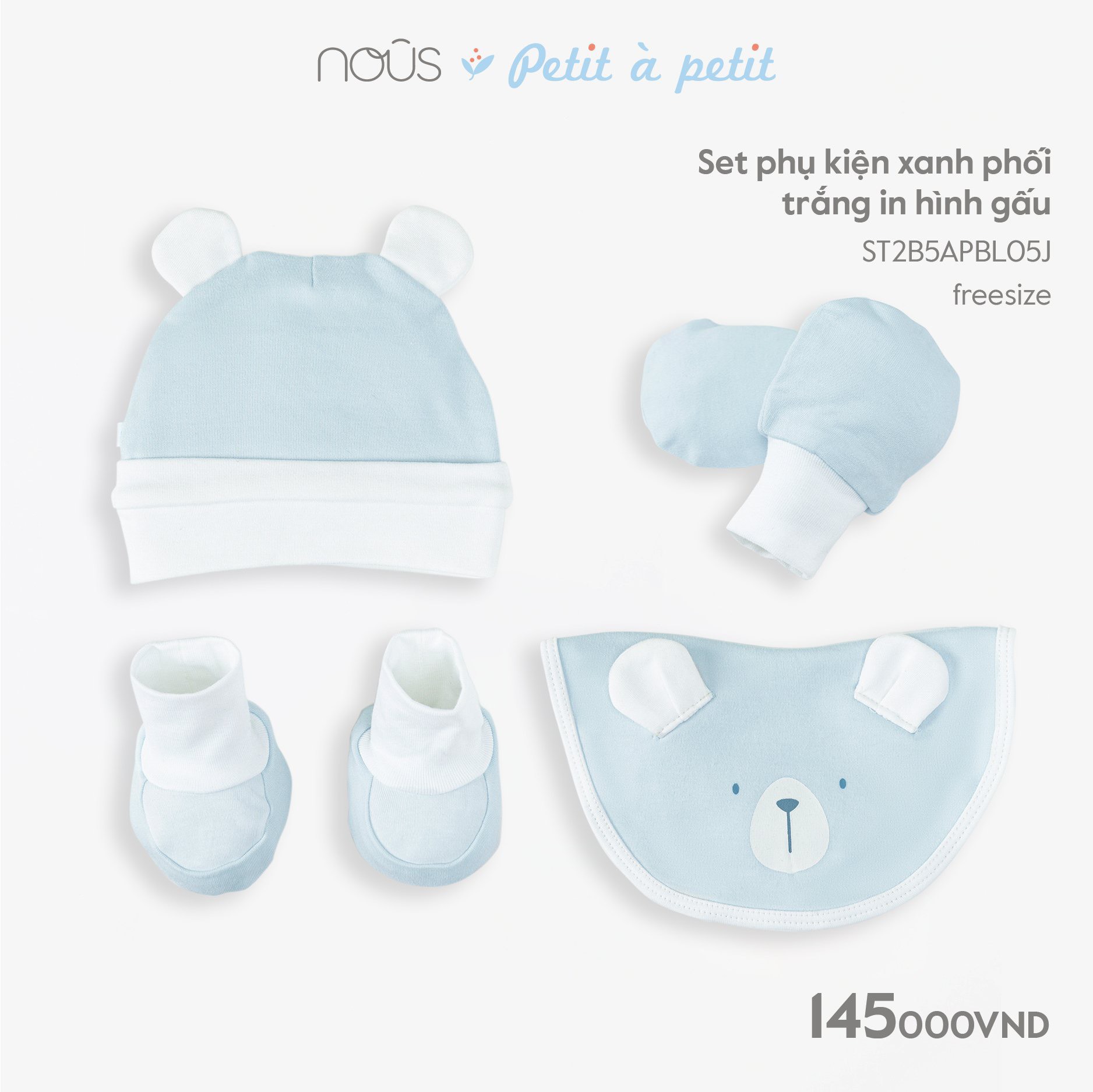 Nous - Set PK xanh phối trắng in hình Gấu