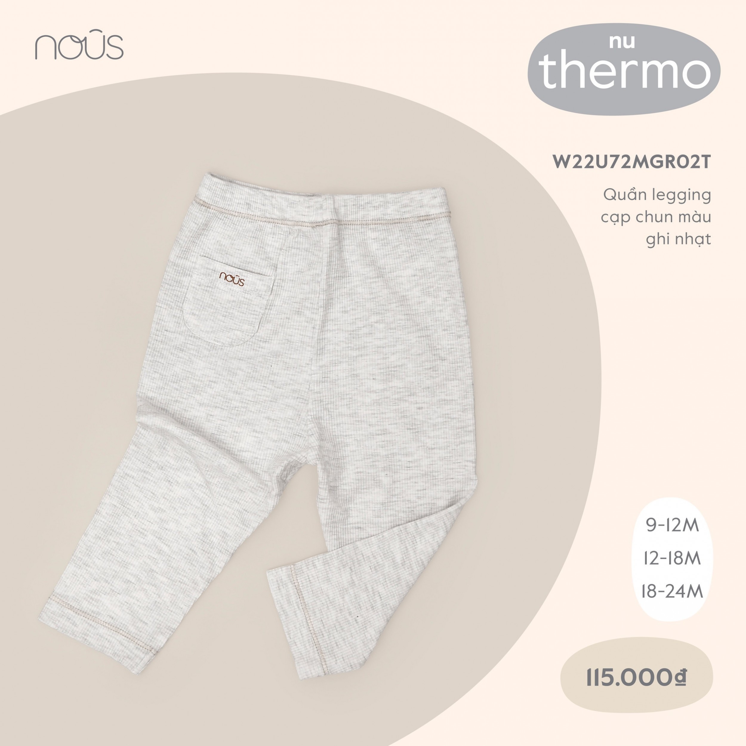 NOUS - QUẦN LEGGING CẠP CHUN MÀU GHI NHẠT - W22U72MGR02T
