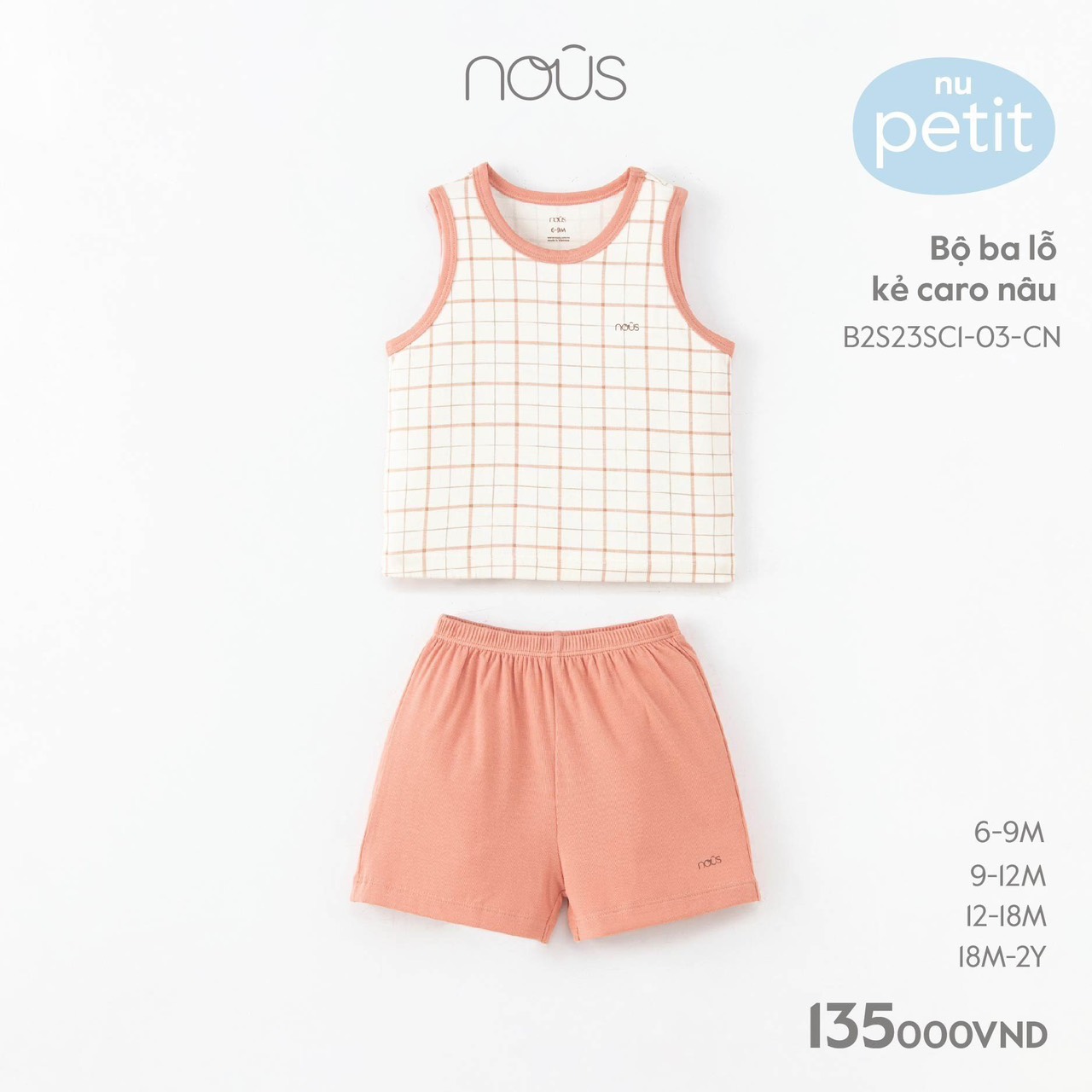 Nous - Bộ ba lỗ kẻ caro nâu