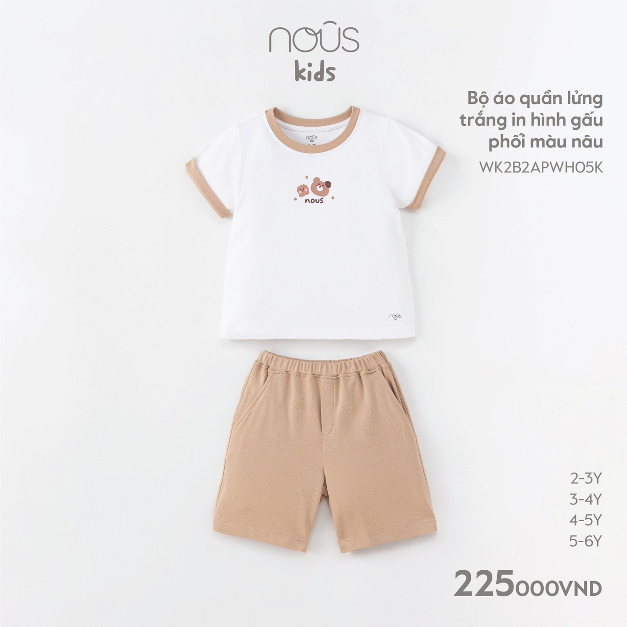 Nous - Bộ AQ lửng trắng in hình Gấu phối màu nâu