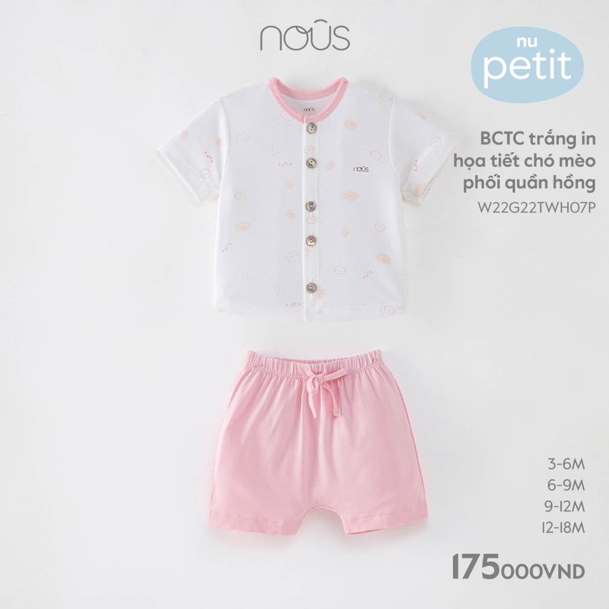 Nous - Bộ cài thẳng cộc trắng in họa tiết puppy phối quần hồng